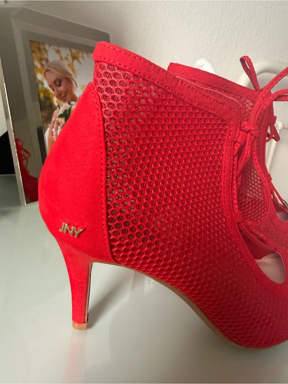 Jones New York Red Lace-Up Mesh Pointed-Toe Heels - Picture 2 of 7